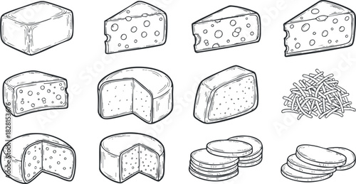 Hand-drawn outline vector illustration of various cheese types including blocks, slices, and shredded cheese for culinary design.