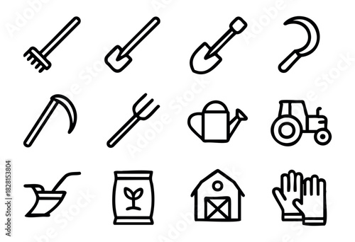 Set of farming and gardening icons in simple bold-line style: rake, shovel, spade, sickle, scythe, pitchfork, watering can, tractor, plow, seed bag, barn, gloves.