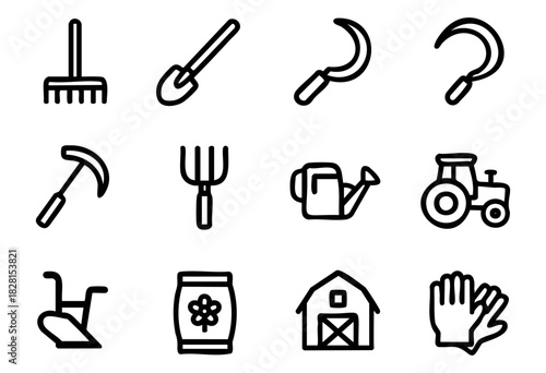 Set of farming and gardening icons in simple bold-line style: rake, shovel, spade, sickle, scythe, pitchfork, watering can, tractor, plow, seed bag, barn, gloves.