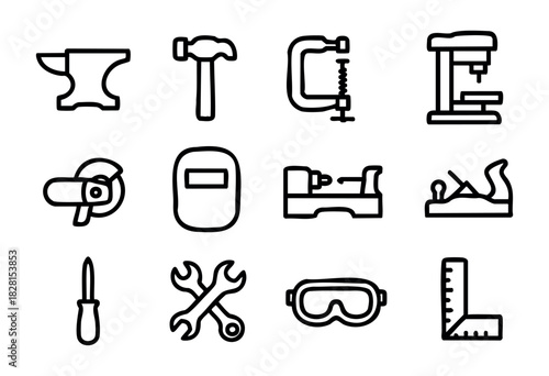 Set of workshop tool icons in simple bold-line style: anvil, hammer, clamp, drill press, grinder, welding mask, lathe, planer, screwdriver, wrenches, goggles, ruler.