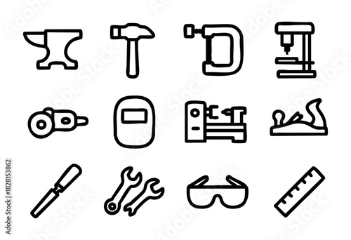 Set of workshop tool icons in simple bold-line style: anvil, hammer, clamp, drill press, grinder, welding mask, lathe, planer, screwdriver, wrenches, goggles, ruler.