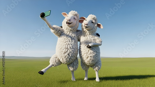 Two Happy Sheep Taking Selfie in Green Field - Funny Best Friends Summer Moment