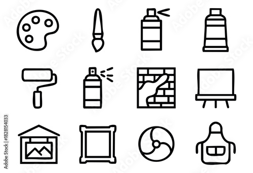 Set of painting and art icons in simple bold-line style: palette, paintbrush, spray can, paint tube, roller, wall painting, easel, gallery frame, fan, apron.