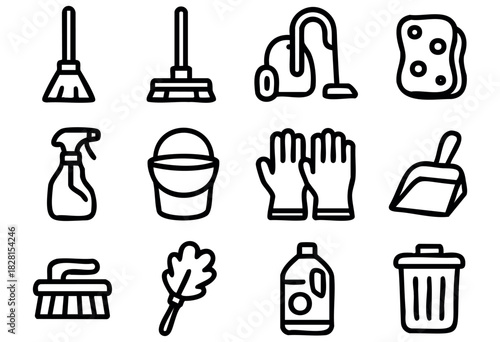 Set of cleaning and household icons in simple bold-line style: broom, mop, vacuum, sponge, spray bottle, bucket, gloves, dustpan, brush, feather duster, detergent, trash bin.