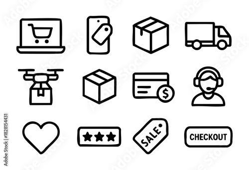 Set of e-commerce icons in simple bold-line style: laptop, smartphone, package, delivery truck, drone, cube, credit card, support agent, heart, star rating, sale tag, buy button.