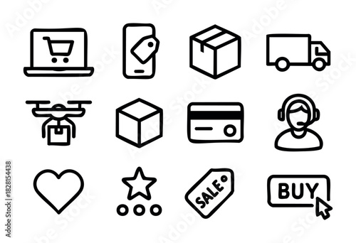 Set of e-commerce icons in simple bold-line style: laptop, smartphone, package, delivery truck, drone, cube, credit card, support agent, heart, star rating, sale tag, buy button.