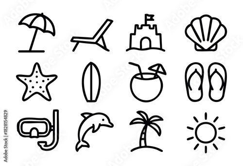 Set of beach icons in simple bold-line style: umbrella, sunbed, sandcastle, shell, starfish, surfboard, coconut drink, flip-flops, snorkel, dolphin, palm tree, sun.
