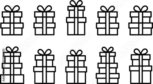 Christmas gift boxes icons set. Holiday presents, decorations, festive wrapped gifts. Colorful vector illustrations