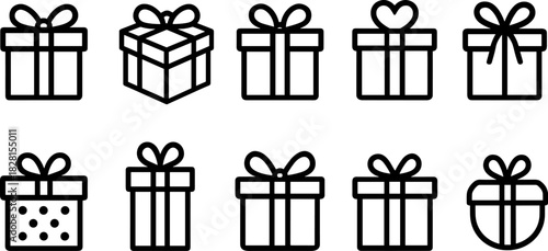 Christmas gift boxes icons set. Holiday presents, decorations, festive wrapped gifts. Colorful vector illustrations