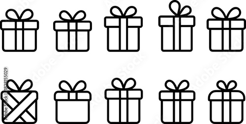 Christmas gift boxes icons set. Holiday presents, decorations, festive wrapped gifts. Colorful vector illustrations