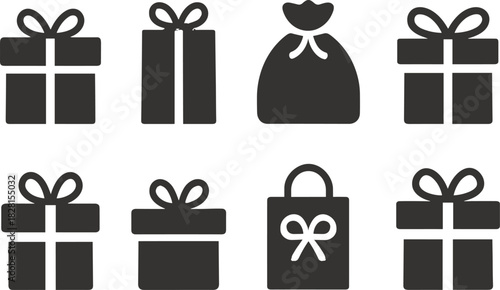 Christmas gift boxes icons set. Holiday presents, decorations, festive wrapped gifts. Colorful vector illustrations