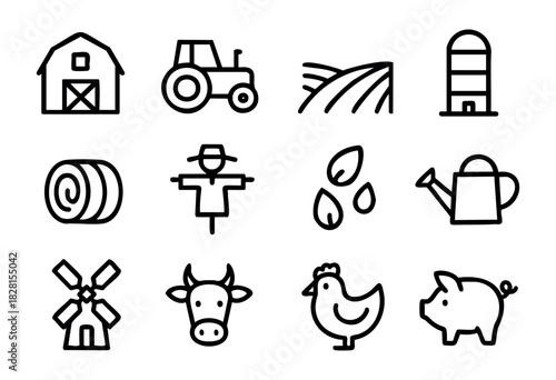 Set of farming life icons in simple bold-line style: barn, tractor, field, silo, hay bale, scarecrow, seeds, watering can, windmill, cow, chicken, pig.