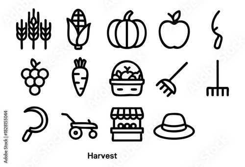 Set of harvest icons in simple bold-line style: wheat, corn, pumpkin, apple, grapes, carrot, basket of fruits, rake, sickle, wheelbarrow, market stall, hat.