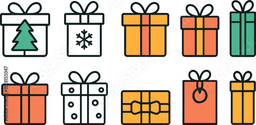 Christmas gift boxes icons set. Holiday presents, decorations, festive wrapped gifts. Colorful vector illustrations