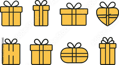Christmas gift boxes icons set. Holiday presents, decorations, festive wrapped gifts. Colorful vector illustrations