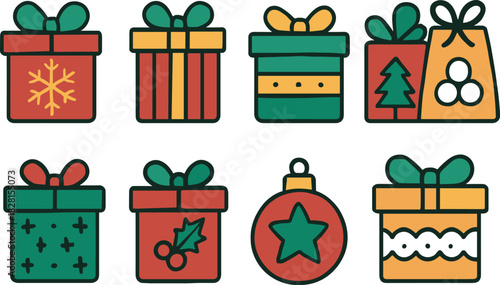 Christmas gift boxes icons set. Holiday presents, decorations, festive wrapped gifts. Colorful vector illustrations
