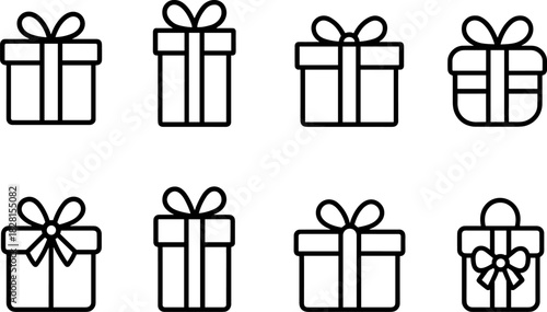 Christmas gift boxes icons set. Holiday presents, decorations, festive wrapped gifts. Colorful vector illustrations