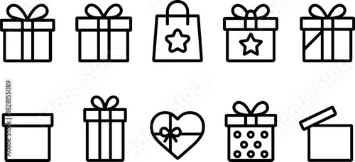 Christmas gift boxes icons set. Holiday presents, decorations, festive wrapped gifts. Colorful vector illustrations
