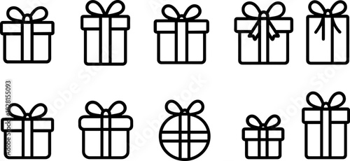 Christmas gift boxes icons set. Holiday presents, decorations, festive wrapped gifts. Colorful vector illustrations