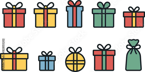 Christmas gift boxes icons set. Holiday presents, decorations, festive wrapped gifts. Colorful vector illustrations