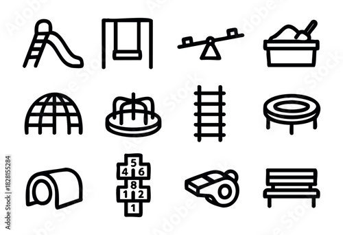 Set of playground icons in simple bold-line style: slide, swing, bench, sandbox, climbing frame, merry-go-round, ladder, trampoline, tunnel, hopscotch, whistle, park bench.