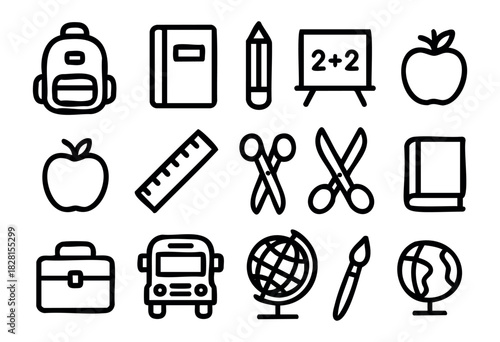 Set of school icons in simple bold-line style: backpack, notebook, pencil, blackboard, apple, ruler, scissors, book, briefcase, bus, globe, paintbrush.