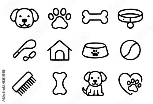 Set of dog icons in simple bold-line style: dog face, paw, bone, collar, leash, kennel, bowl, ball, brush, rope toy, puppy, paw heart.