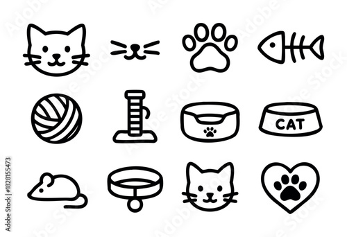 Set of cat icons in simple bold-line style: cat face, whiskers, paw, fishbone, yarn ball, scratching post, bed, bowl, mouse, collar, kitten, paw heart.