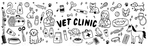 veterinary clinic doodle vector set with animals and pet care icons
