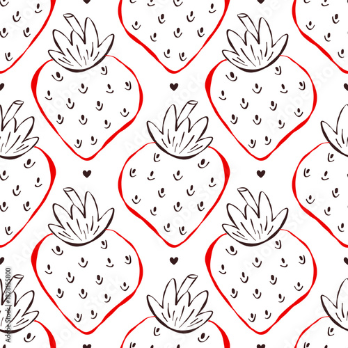 Cute whimsical seamless pattern with strawberries and tiny heart. Perfect for Valentine designs, sweet packaging, girly stationery and romantic aesthetic prints
