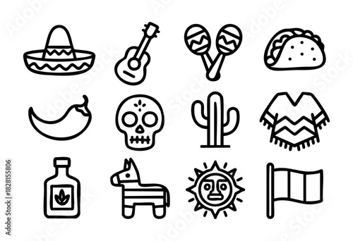 Set of Mexican culture icons in simple bold-line style: sombrero, guitar, maracas, taco, chili pepper, sugar skull, cactus, poncho, tequila bottle, piñata, sun, flag