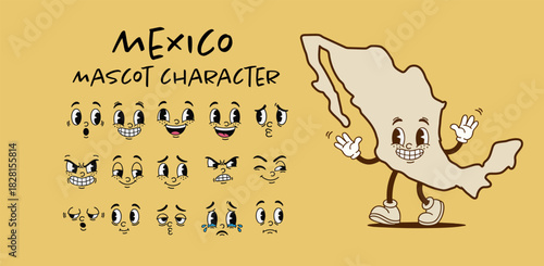 Vintage Mexico country map mascot character with cartoon facial expression set