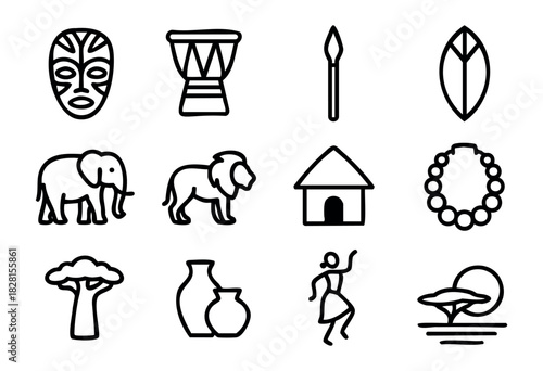 Set of African culture icons in simple bold-line style: tribal mask, drum, spear, shield, elephant, lion, hut, necklace, baobab tree, pottery, dancer, savanna.
