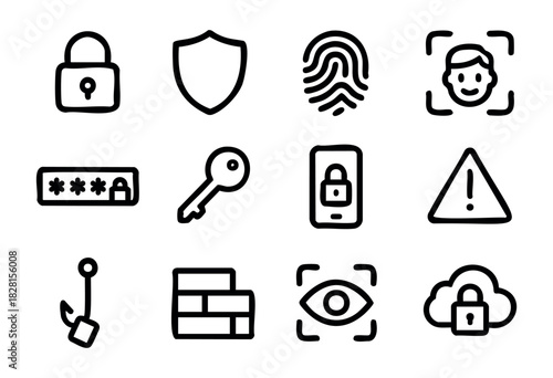 Set of digital safety icons in minimal bold-line style: padlock, shield, fingerprint, face ID, password lock, key, mobile security, warning, phishing hook, firewall, eye scan, cloud lock.