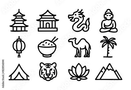 Set of Asian travel icons in simple line style: pagoda, temple, dragon, Buddha, lantern, rice bowl, camel, palm tree, tent, tiger, lotus, mountain.