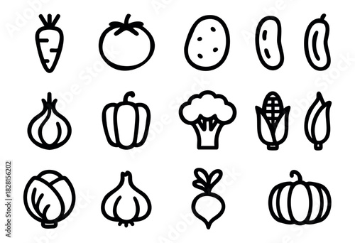 Set of vegetable line icons in simple bold-line style: carrot, tomato, potato, bean, cucumber, onion, pepper, broccoli, corn, cabbage, garlic, radish, pumpkin.