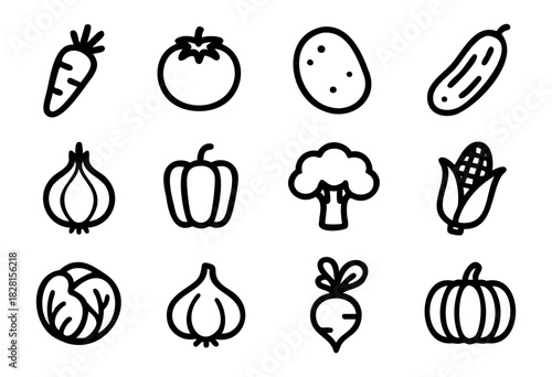 Set of vegetable line icons in simple bold-line style: carrot, tomato, potato, bean, cucumber, onion, pepper, broccoli, corn, cabbage, garlic, radish, pumpkin.