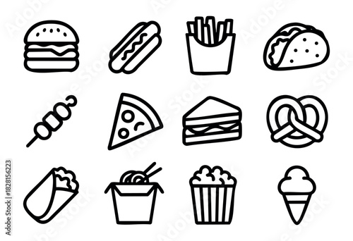 Set of street food icons in simple bold-line style: burger, hotdog, fries, taco, kebab, pizza slice, sandwich, pretzel, burrito, noodles, popcorn, ice cream cone.