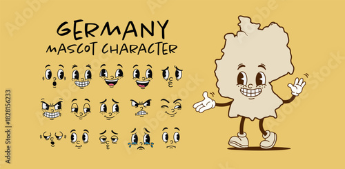 Vintage Germany country map mascot character with cartoon facial expression set