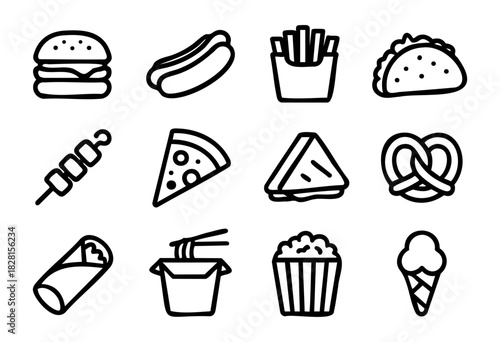 Set of street food icons in simple bold-line style: burger, hotdog, fries, taco, kebab, pizza slice, sandwich, pretzel, burrito, noodles, popcorn, ice cream cone.
