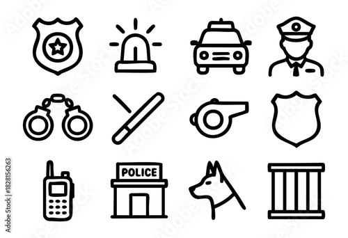 Set of police icon collection in bold-line style: badge, siren, patrol car, officer, handcuffs, baton, whistle, shield, radio, police station, police dog, jail cell.