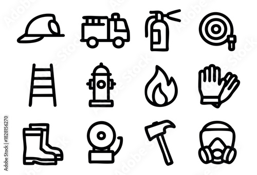 Set of firefighter icons in simple bold-line style: helmet, fire truck, extinguisher, hose reel, ladder, hydrant, flame, gloves, boots, alarm bell, axe, gas mask.