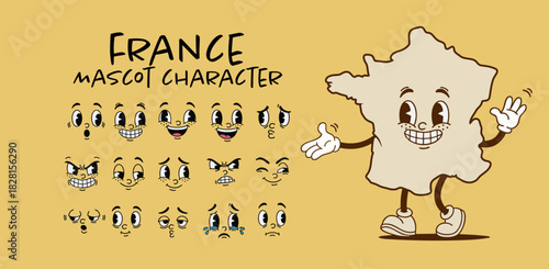 Vintage France country map mascot character with cartoon facial expression set