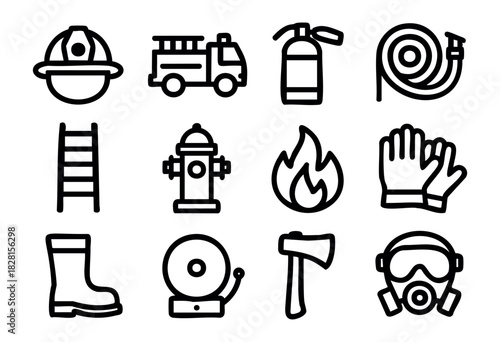 Set of firefighter icons in simple bold-line style: helmet, fire truck, extinguisher, hose reel, ladder, hydrant, flame, gloves, boots, alarm bell, axe, gas mask.