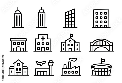 Set of modern building icons in clean bold-line style: skyscrapers, office buildings, hospital, school, stadium, airport, factory, station, hangar.