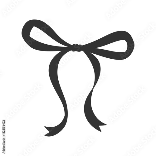 Coquette bow, black silhouette drawing. Simple illustration of vintage tied ribbon. Romantic design. Wedding, birthday gift, retro style. Girly hairstyle accessories, vector illustration. Doodle lace.