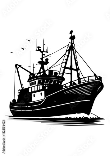 Commercial Fishing Trawler Boat Illustration