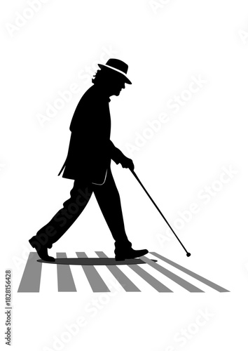 Old Man with Cane Crossing Street Silhouette