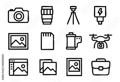 Set of photography icons in simple bold-line style: camera, lens, tripod, flash, photo frame, SD card, film roll, drone, gallery, image editor, portfolio bag.