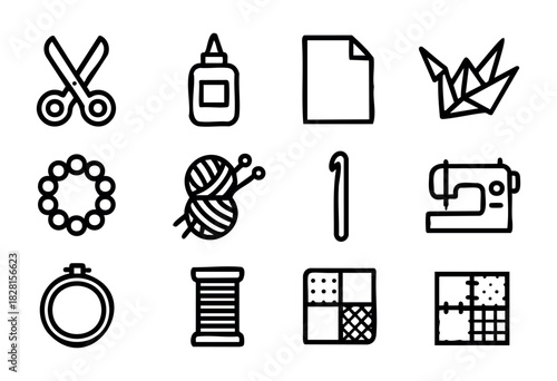 Set of craft icon collection in simple bold-line style: scissors, glue, paper, origami, beads, yarn ball, crochet, hook, sewing machine, embroidery hoop, thread spool, patchwork.